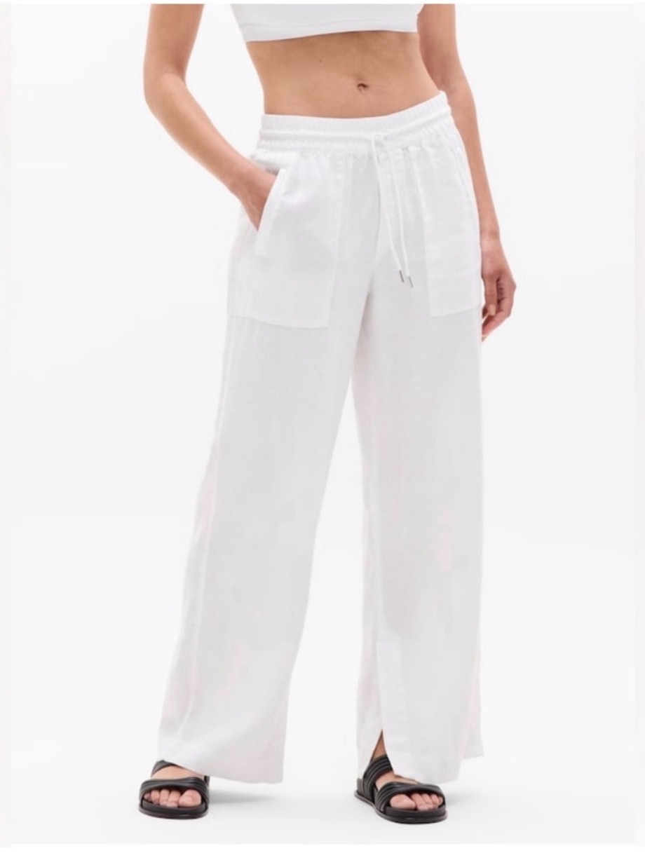 Athleta Retreat White Wide-Leg Drawstring Linen-Blend Pants